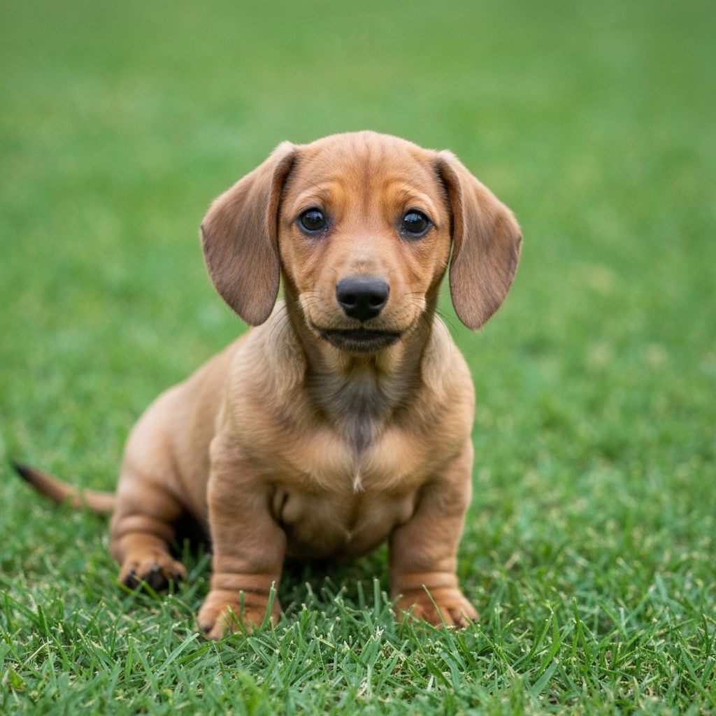 Adorable dachshund puppy for sale sitting on grass looking at camera