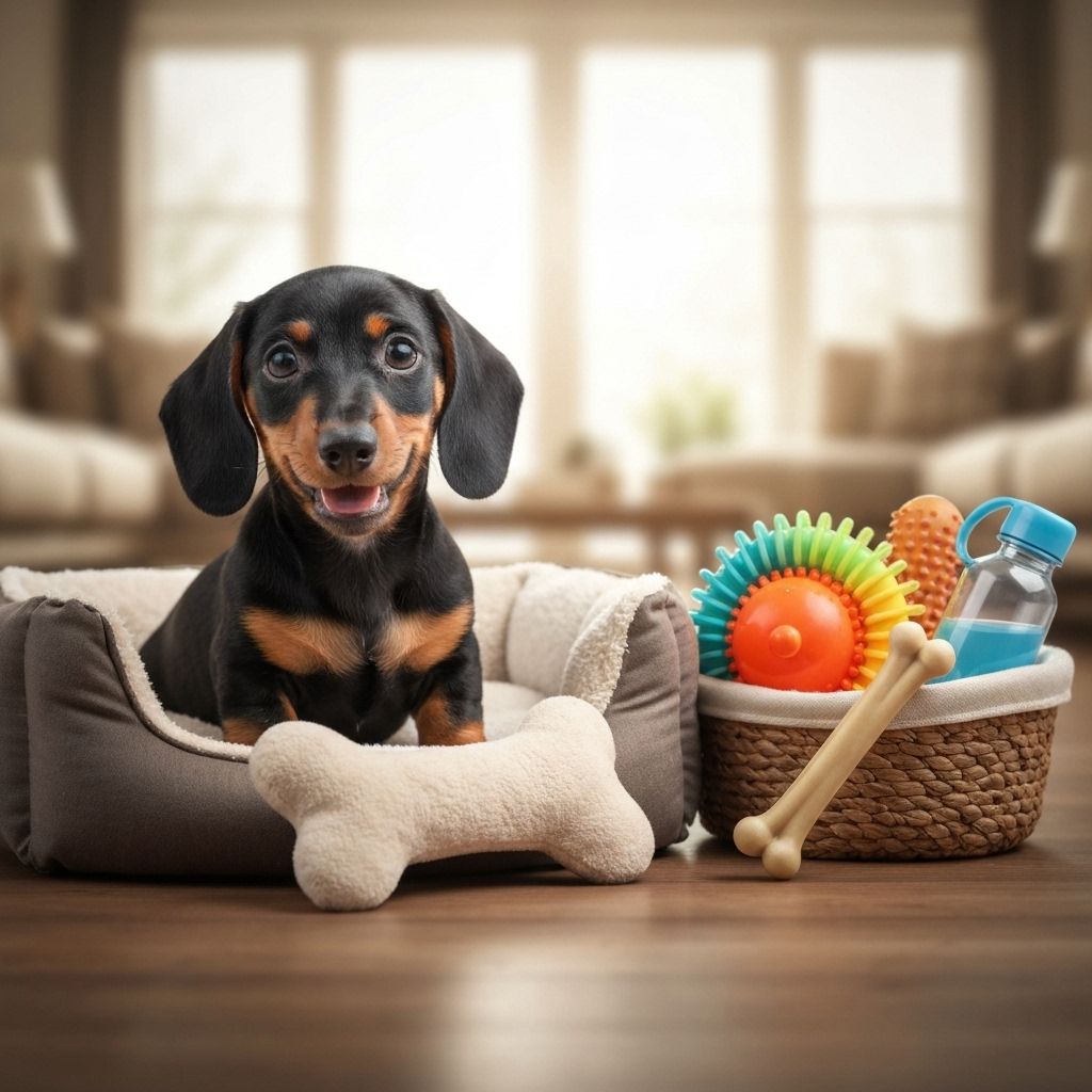 Miniature dachshund puppy with toys and supplies for new owners